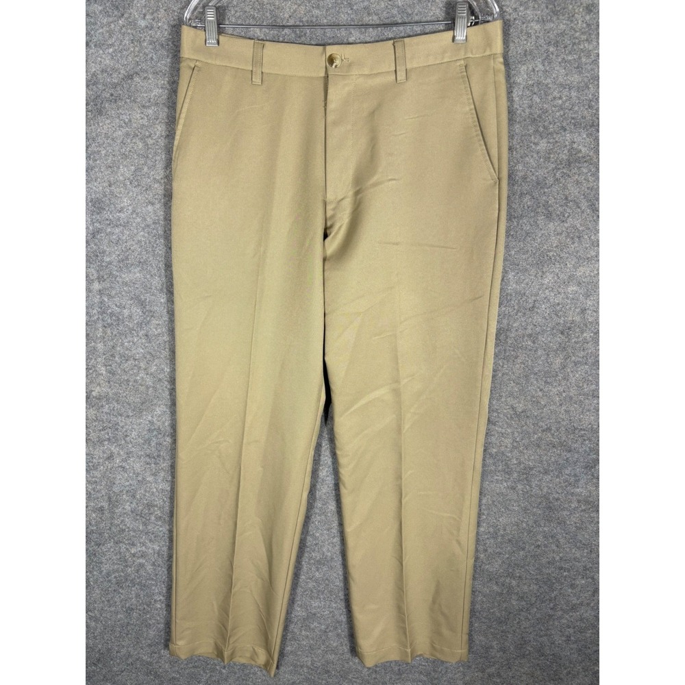 Greg Norman Tasso Elba Mens‎ Khaki Flat Front Polyester Dress Pants Size 32W 30L